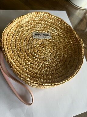 Miu Miu Round Woven Straw Wristlet with Pink Strap